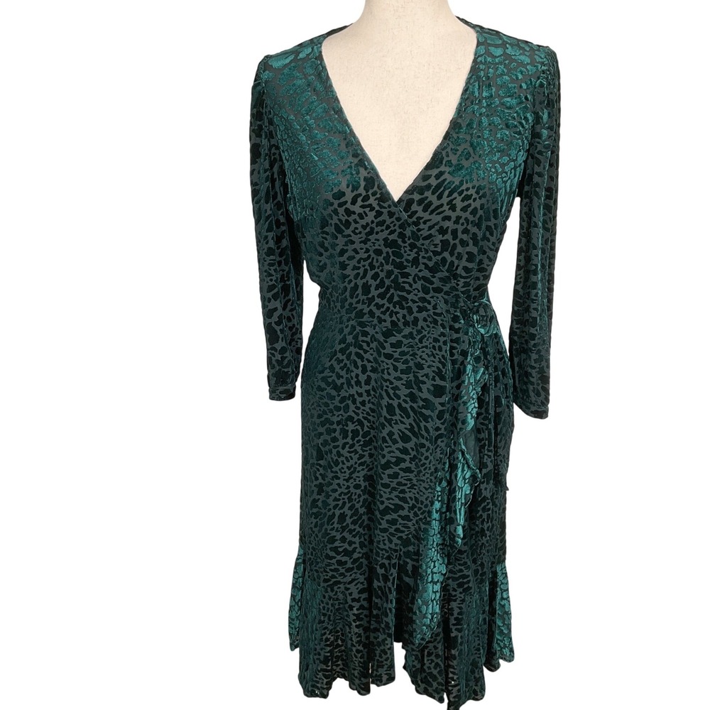 Calvin Klein Dress Womens 8 Green Wrap Burnout Velvet Leopard Glam Evening Midi